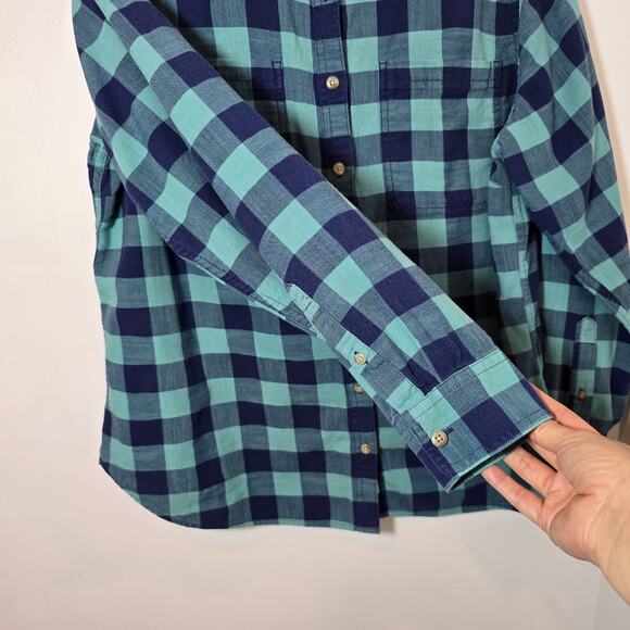 L.L.Bean Cotton Button Down Men's Medium Long Sleeve Blue Green Plaid Shirt - Picture 4 of 10